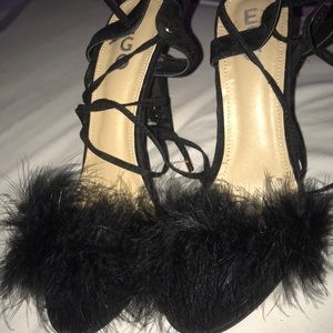 Savanna Lace Up Fluffy Heel In Black Faux Suede